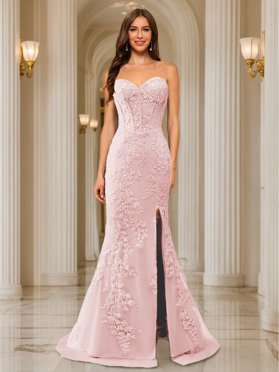 Trumpet/Mermaid Sweetheart Pleated Tulle Long Evening Dresses with Side Slit &amp; Appliques