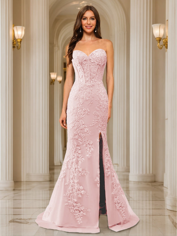 Trumpet/Mermaid Sweetheart Pleated Tulle Long Evening Dresses with Side Slit & Appliques