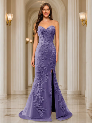Trumpet/Mermaid Sweetheart Pleated Tulle Long Evening Dresses with Side Slit & Appliques