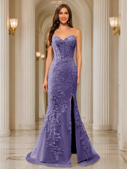 Trumpet/Mermaid Sweetheart Pleated Tulle Long Evening Dresses with Side Slit & Appliques