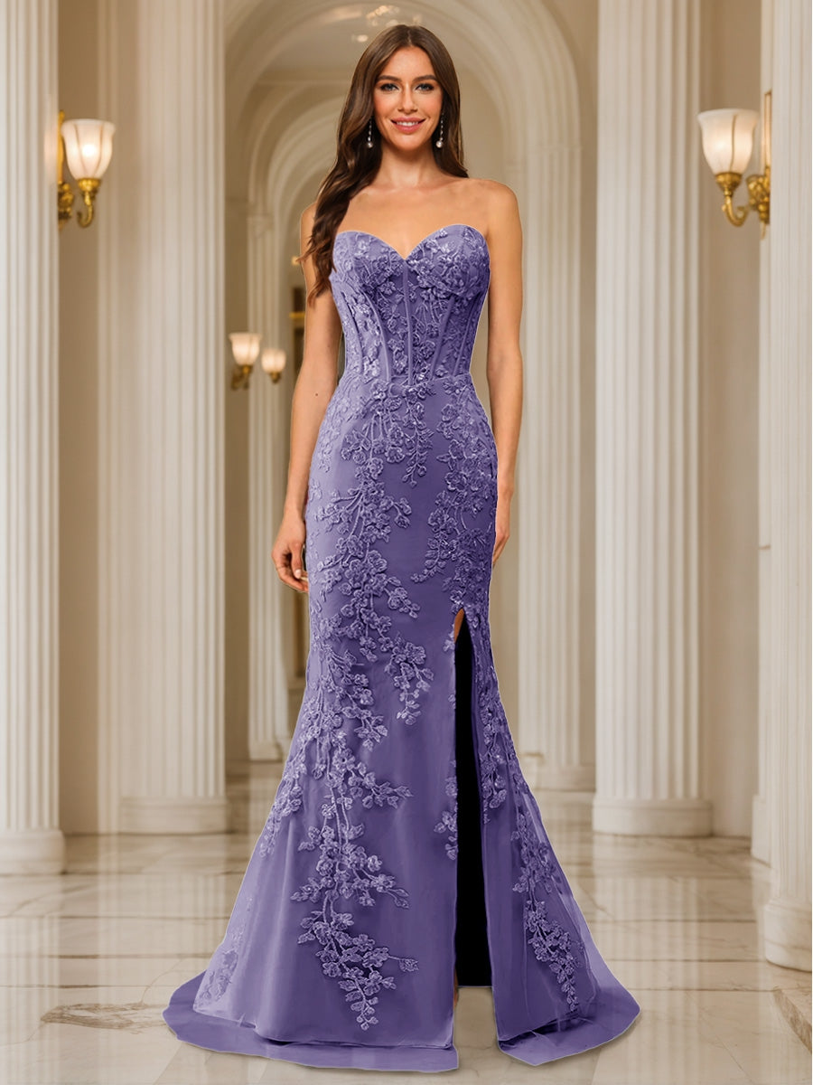 Trumpet/Mermaid Sweetheart Pleated Tulle Long Evening Dresses with Side Slit & Appliques