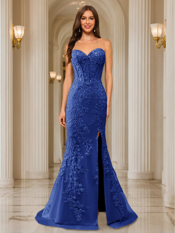 Trumpet/Mermaid Sweetheart Pleated Tulle Long Evening Dresses with Side Slit & Appliques