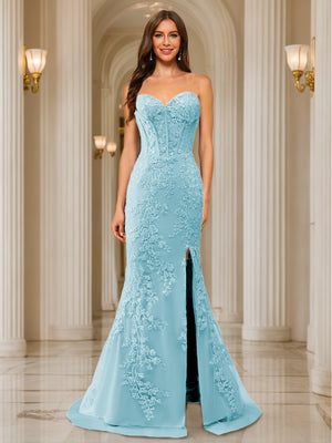 Trumpet/Mermaid Sweetheart Pleated Tulle Long Evening Dresses with Side Slit & Appliques
