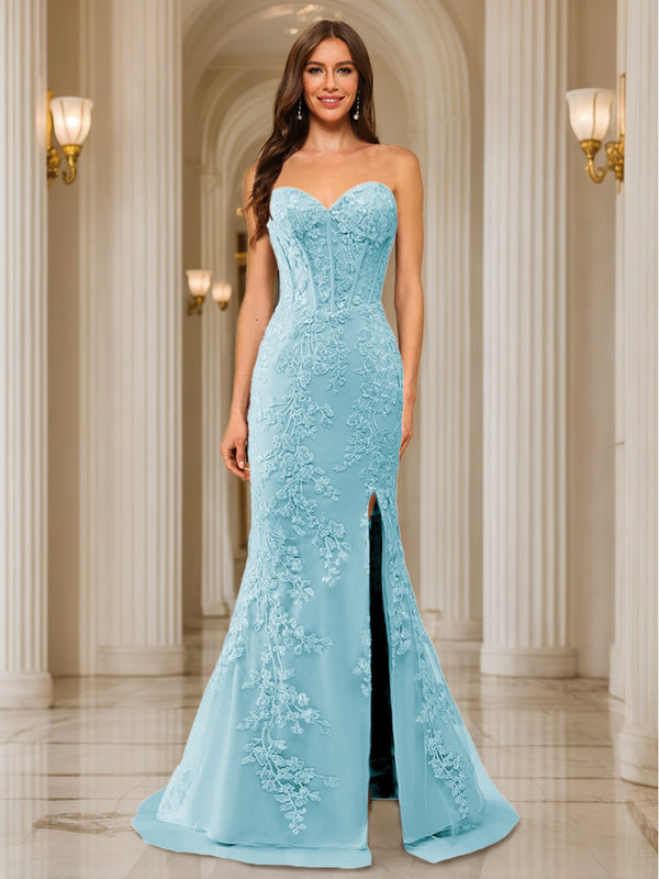 Trumpet/Mermaid Sweetheart Pleated Tulle Long Evening Dresses with Side Slit & Appliques