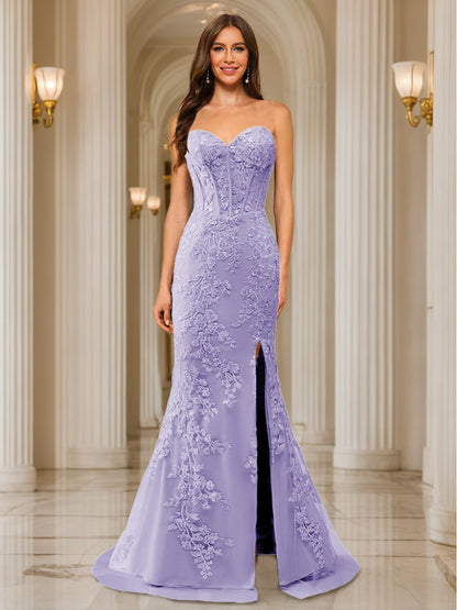 Trumpet/Mermaid Sweetheart Pleated Tulle Long Evening Dresses with Side Slit & Appliques