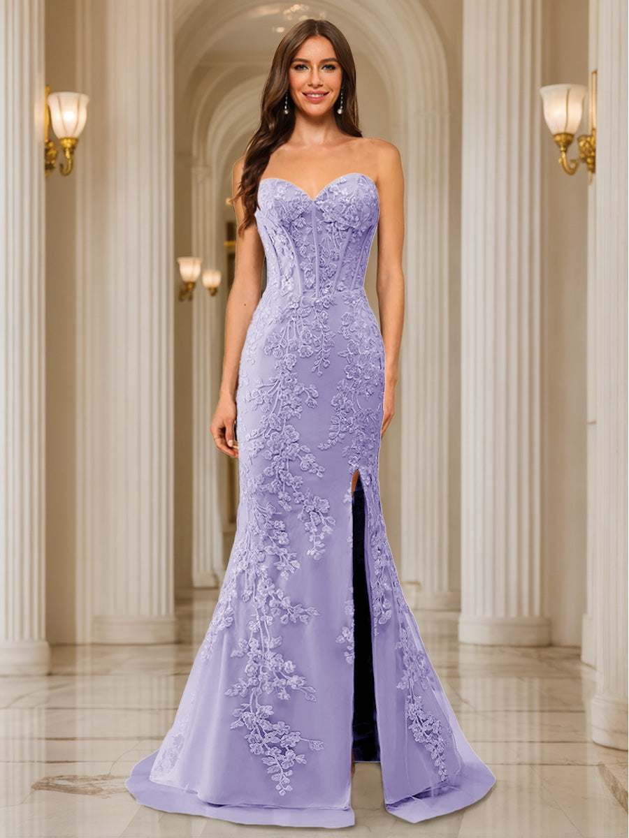 Trumpet/Mermaid Sweetheart Pleated Tulle Long Evening Dresses with Side Slit & Appliques