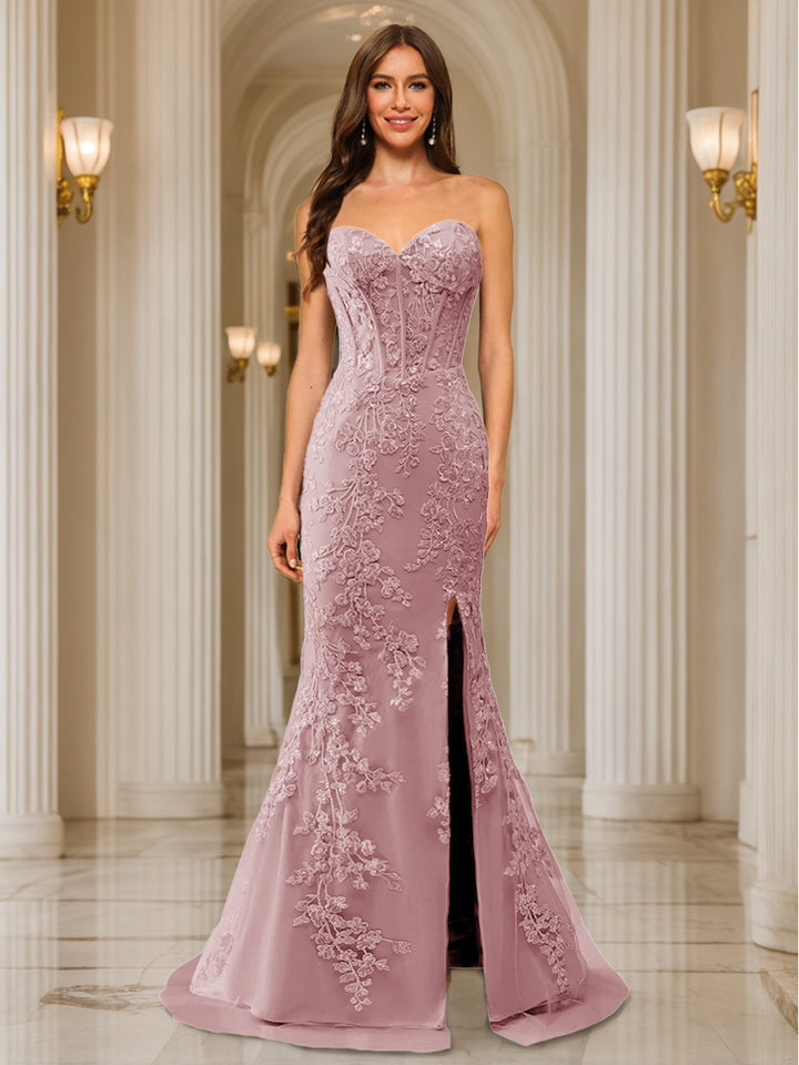 Trumpet/Mermaid Sweetheart Pleated Tulle Long Evening Dresses with Side Slit &amp; Appliques