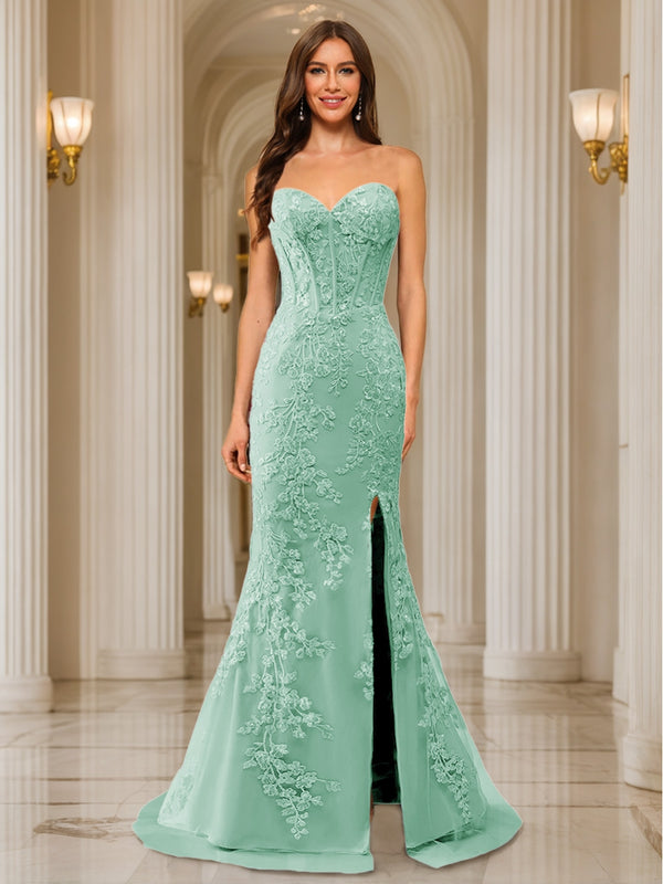 Trumpet/Mermaid Sweetheart Pleated Tulle Long Evening Dresses with Side Slit & Appliques