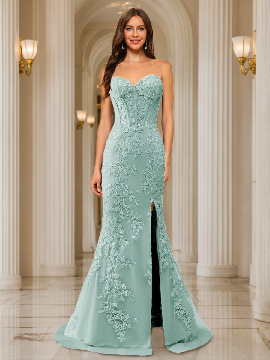 Trumpet/Mermaid Sweetheart Pleated Tulle Long Evening Dresses with Side Slit & Appliques