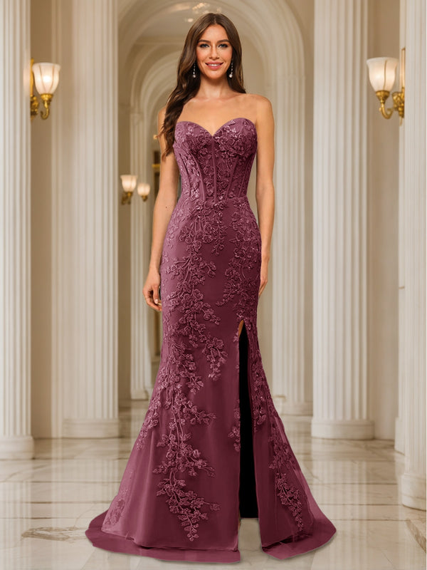 Trumpet/Mermaid Sweetheart Pleated Tulle Long Evening Dresses with Side Slit & Appliques