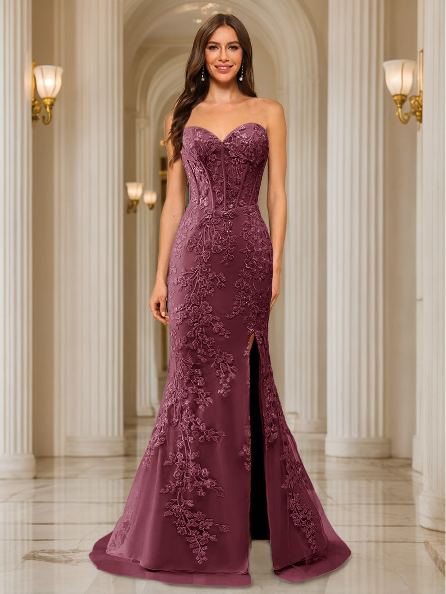 Trumpet/Mermaid Sweetheart Pleated Tulle Long Evening Dresses with Side Slit & Appliques