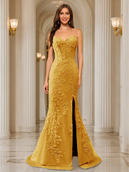 Trumpet/Mermaid Sweetheart Pleated Tulle Long Evening Dresses with Side Slit & Appliques