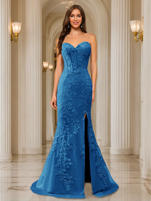 Trumpet/Mermaid Sweetheart Pleated Tulle Long Evening Dresses with Side Slit & Appliques