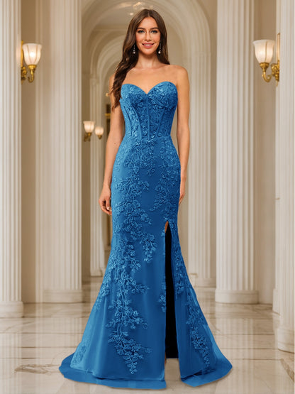 Trumpet/Mermaid Sweetheart Pleated Tulle Long Evening Dresses with Side Slit & Appliques