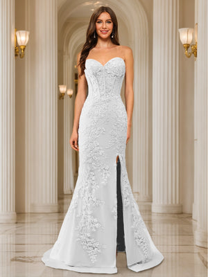 Trumpet/Mermaid Sweetheart Pleated Tulle Long Evening Dresses with Side Slit & Appliques