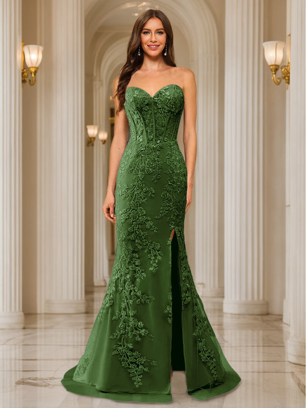 Trumpet/Mermaid Sweetheart Pleated Tulle Long Evening Dresses with Side Slit & Appliques