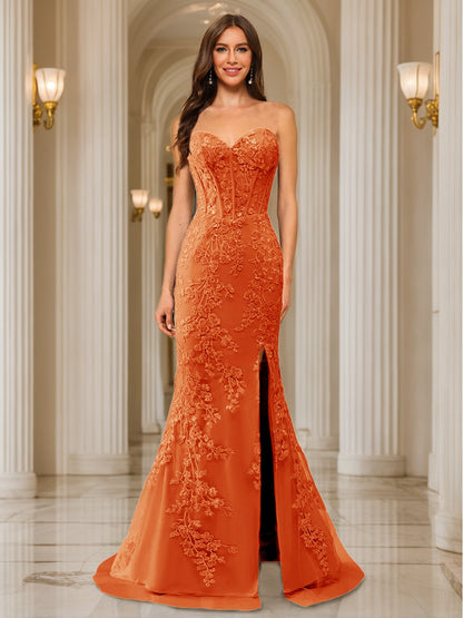 Trumpet/Mermaid Sweetheart Pleated Tulle Long Evening Dresses with Side Slit & Appliques