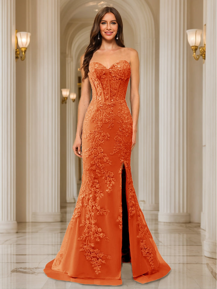 Trumpet/Mermaid Sweetheart Pleated Tulle Long Evening Dresses with Side Slit &amp; Appliques