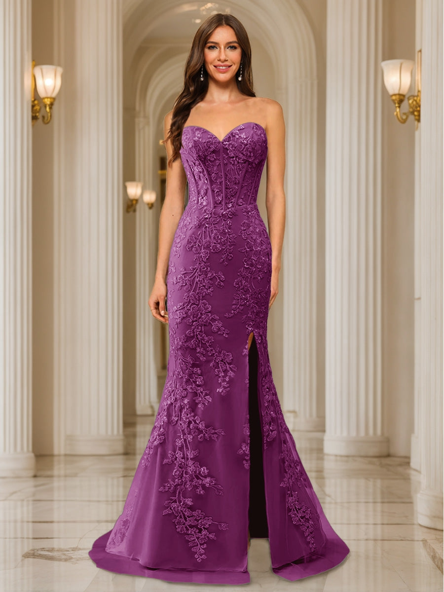 Trumpet/Mermaid Sweetheart Pleated Tulle Long Evening Dresses with Side Slit &amp; Appliques
