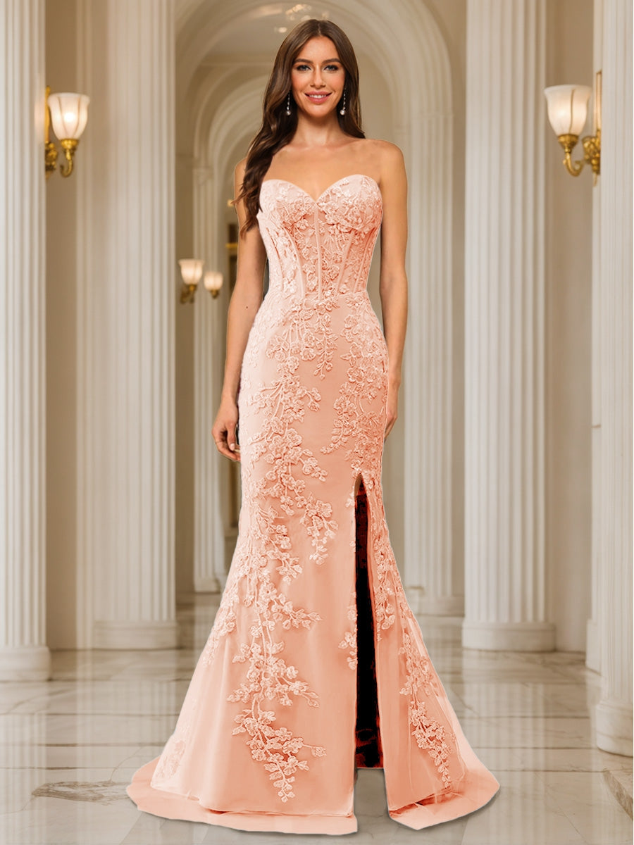 Trumpet/Mermaid Sweetheart Pleated Tulle Long Evening Dresses with Side Slit &amp; Appliques
