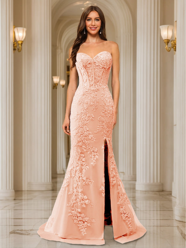Trumpet/Mermaid Sweetheart Pleated Tulle Long Evening Dresses with Side Slit & Appliques