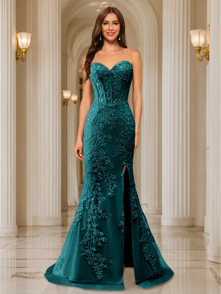 Trumpet/Mermaid Sweetheart Pleated Tulle Long Evening Dresses with Side Slit &amp; Appliques