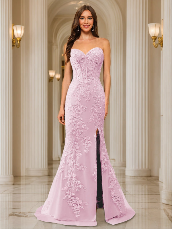 Trumpet/Mermaid Sweetheart Pleated Tulle Long Evening Dresses with Side Slit & Appliques