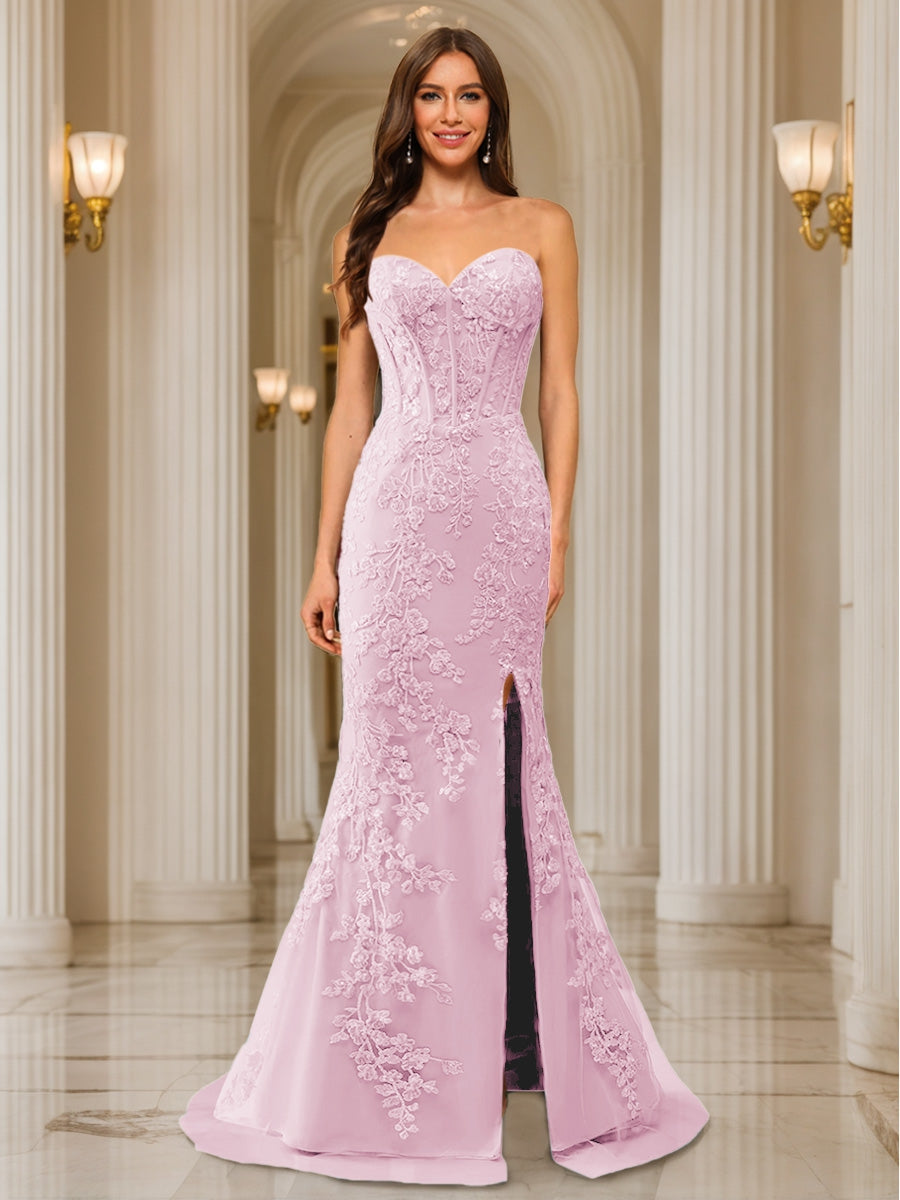 Trumpet/Mermaid Sweetheart Pleated Tulle Long Evening Dresses with Side Slit & Appliques