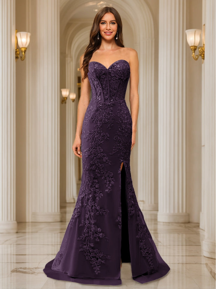 Trumpet/Mermaid Sweetheart Pleated Tulle Long Evening Dresses with Side Slit &amp; Appliques