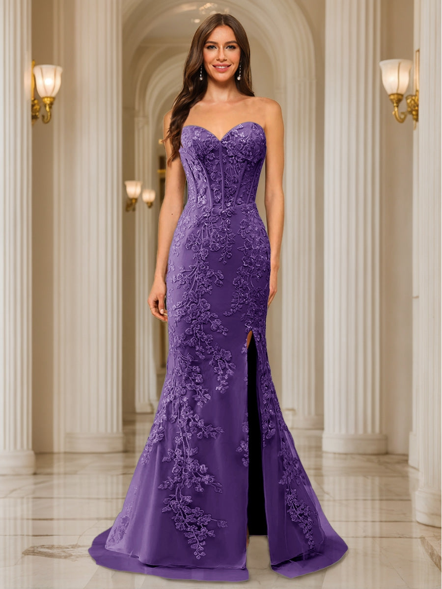 Trumpet/Mermaid Sweetheart Pleated Tulle Long Evening Dresses with Side Slit &amp; Appliques