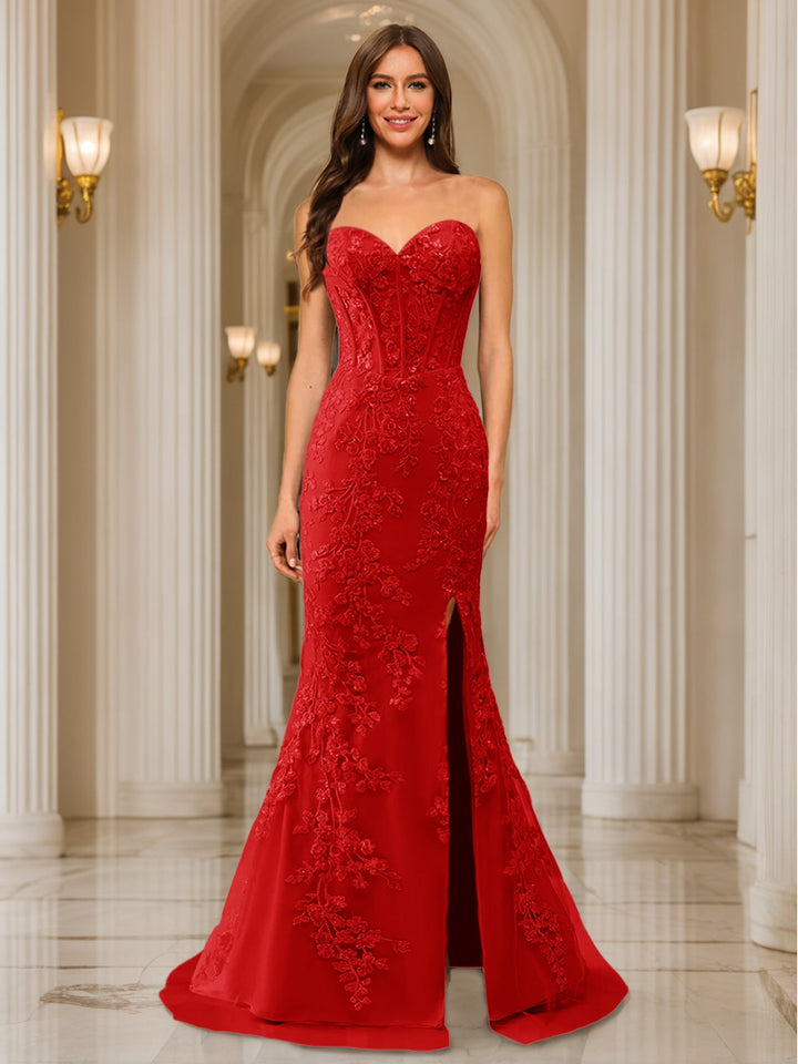 Trumpet/Mermaid Sweetheart Pleated Tulle Long Evening Dresses with Side Slit &amp; Appliques