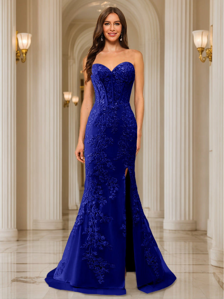 Trumpet/Mermaid Sweetheart Pleated Tulle Long Evening Dresses with Side Slit &amp; Appliques