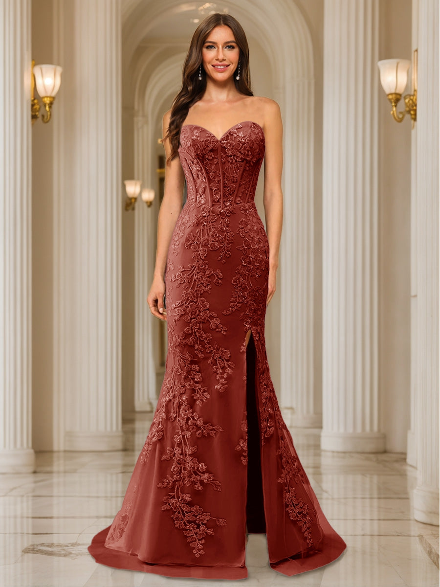 Trumpet/Mermaid Sweetheart Pleated Tulle Long Evening Dresses with Side Slit & Appliques