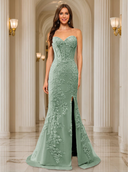Trumpet/Mermaid Sweetheart Pleated Tulle Long Evening Dresses with Side Slit & Appliques