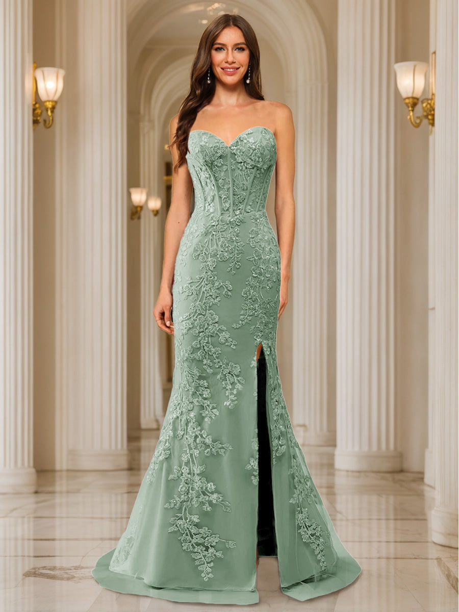 Trumpet/Mermaid Sweetheart Pleated Tulle Long Evening Dresses with Side Slit & Appliques