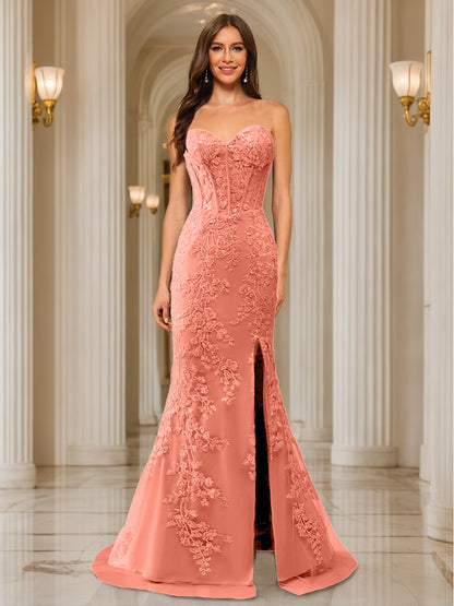 Trumpet/Mermaid Sweetheart Pleated Tulle Long Evening Dresses with Side Slit & Appliques