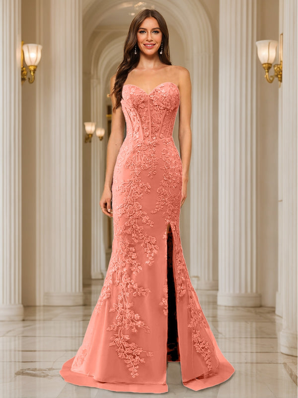 Trumpet/Mermaid Sweetheart Pleated Tulle Long Evening Dresses with Side Slit & Appliques