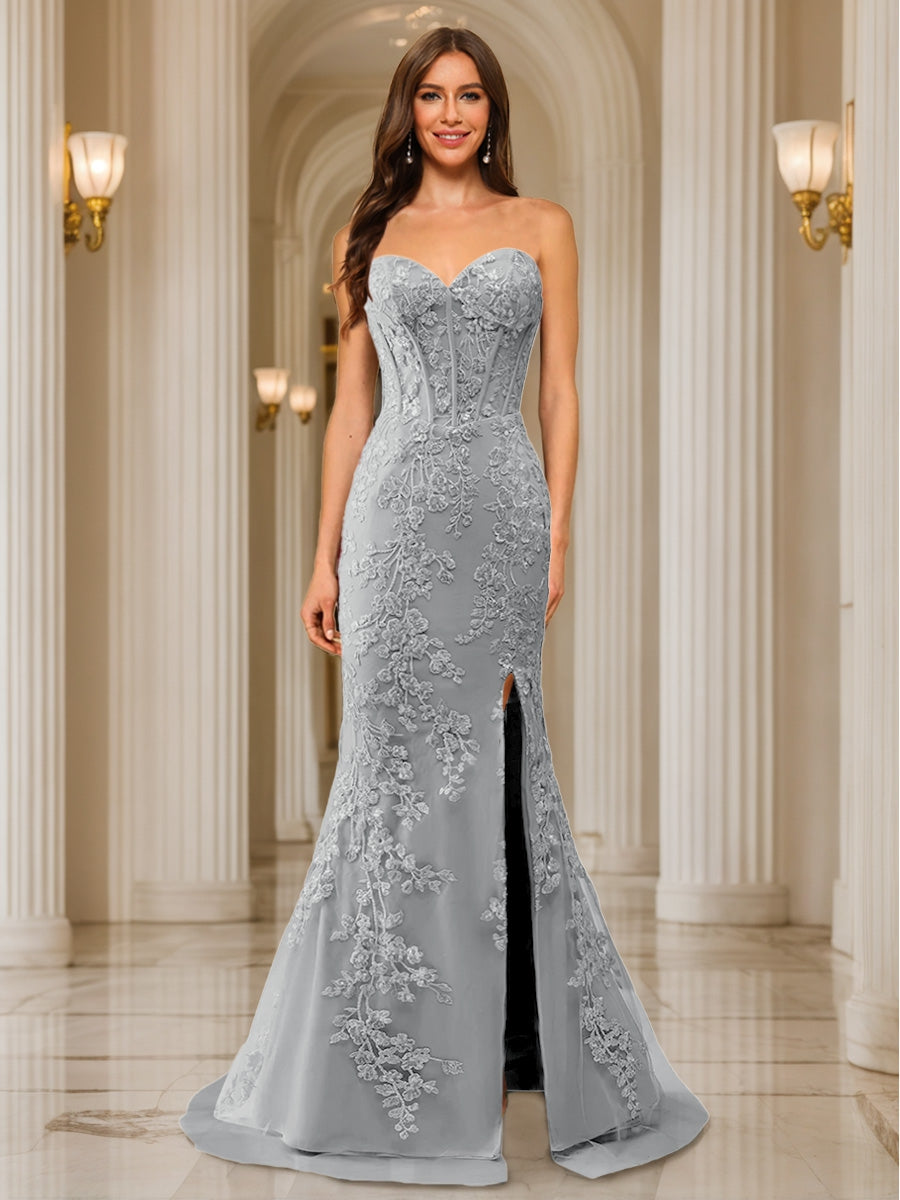 Trumpet/Mermaid Sweetheart Pleated Tulle Long Evening Dresses with Side Slit &amp; Appliques