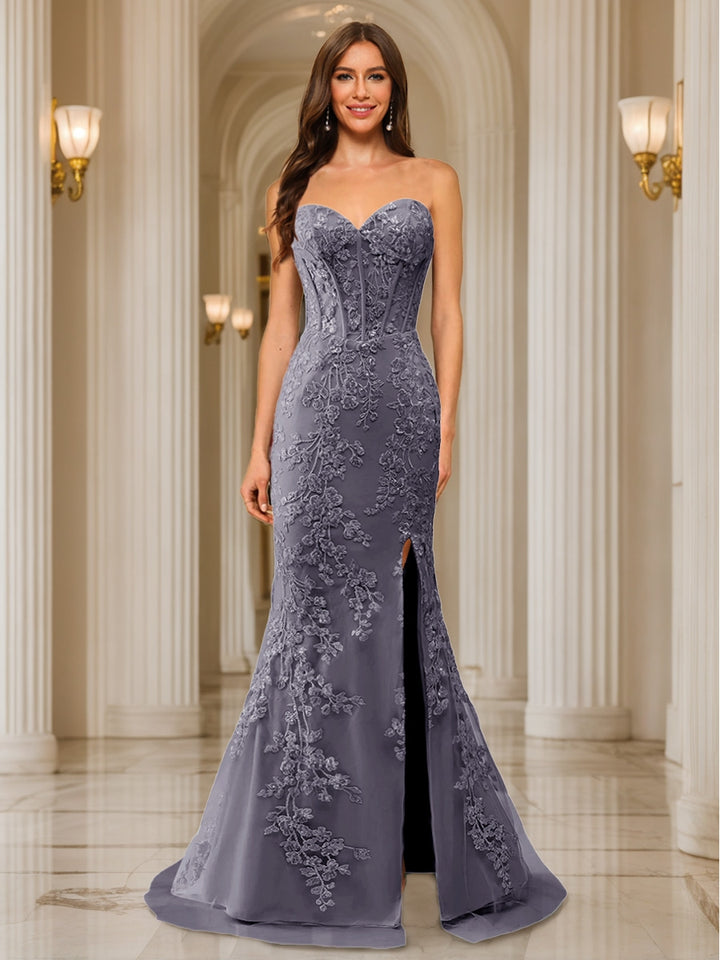 Trumpet/Mermaid Sweetheart Pleated Tulle Long Evening Dresses with Side Slit &amp; Appliques