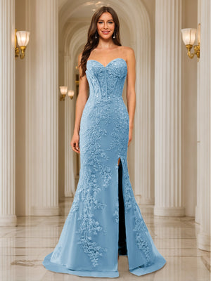 Trumpet/Mermaid Sweetheart Pleated Tulle Long Evening Dresses with Side Slit & Appliques
