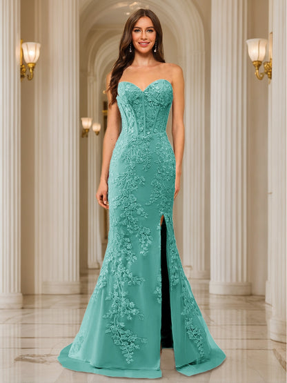 Trumpet/Mermaid Sweetheart Pleated Tulle Long Evening Dresses with Side Slit & Appliques