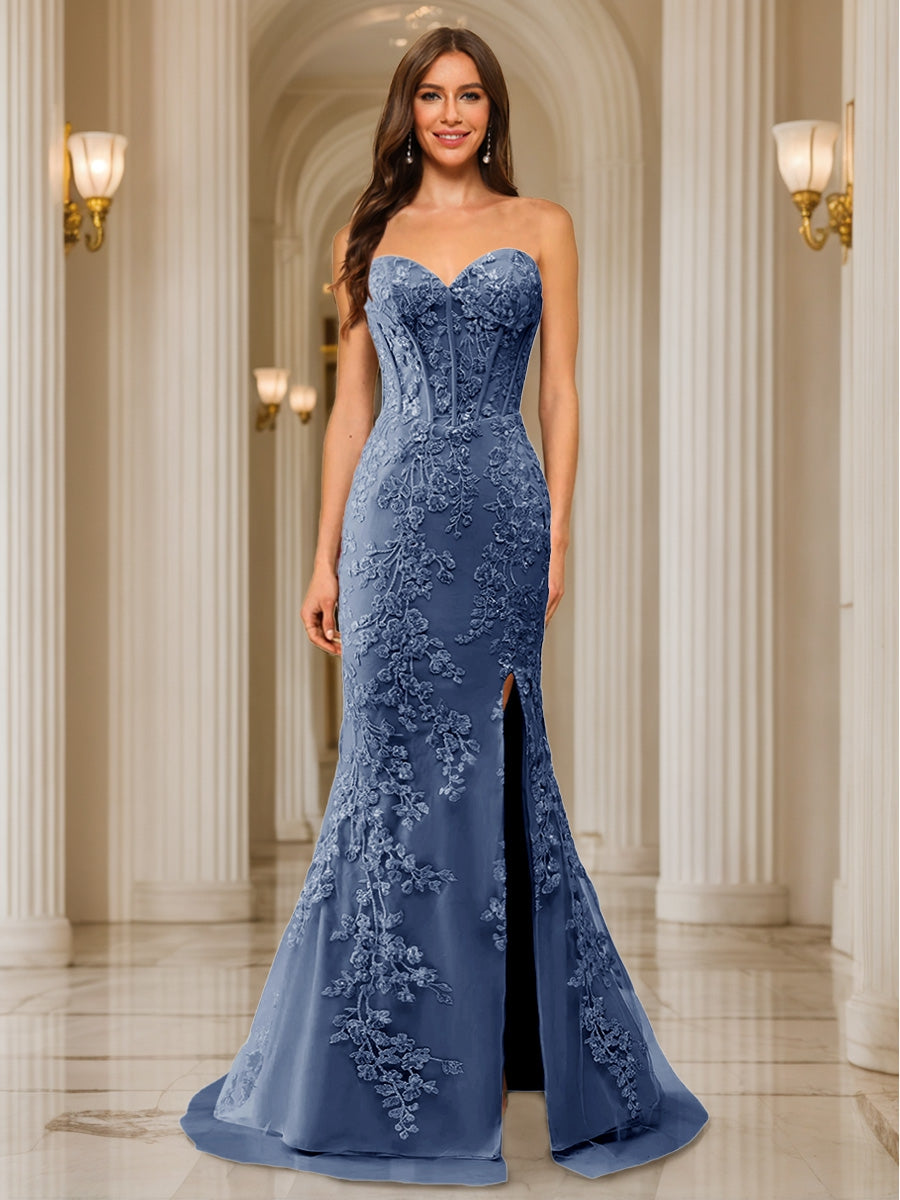 Trumpet/Mermaid Sweetheart Pleated Tulle Long Evening Dresses with Side Slit &amp; Appliques