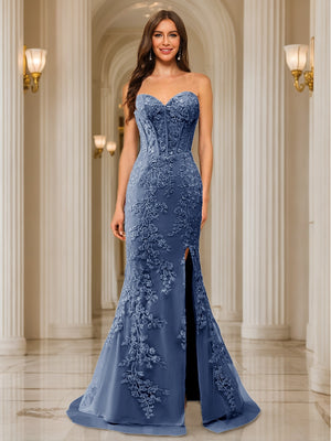 Trumpet/Mermaid Sweetheart Pleated Tulle Long Evening Dresses with Side Slit & Appliques
