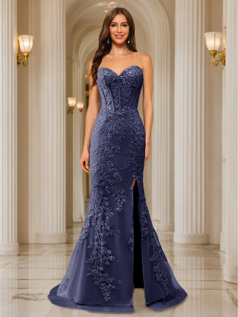 Trumpet/Mermaid Sweetheart Pleated Tulle Long Evening Dresses with Side Slit &amp; Appliques