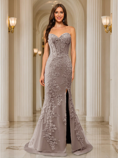 Trumpet/Mermaid Sweetheart Pleated Tulle Long Evening Dresses with Side Slit & Appliques