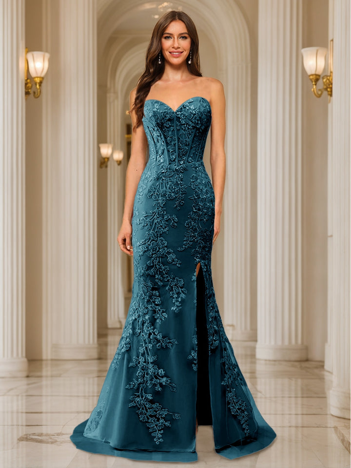 Trumpet/Mermaid Sweetheart Pleated Tulle Long Evening Dresses with Side Slit &amp; Appliques
