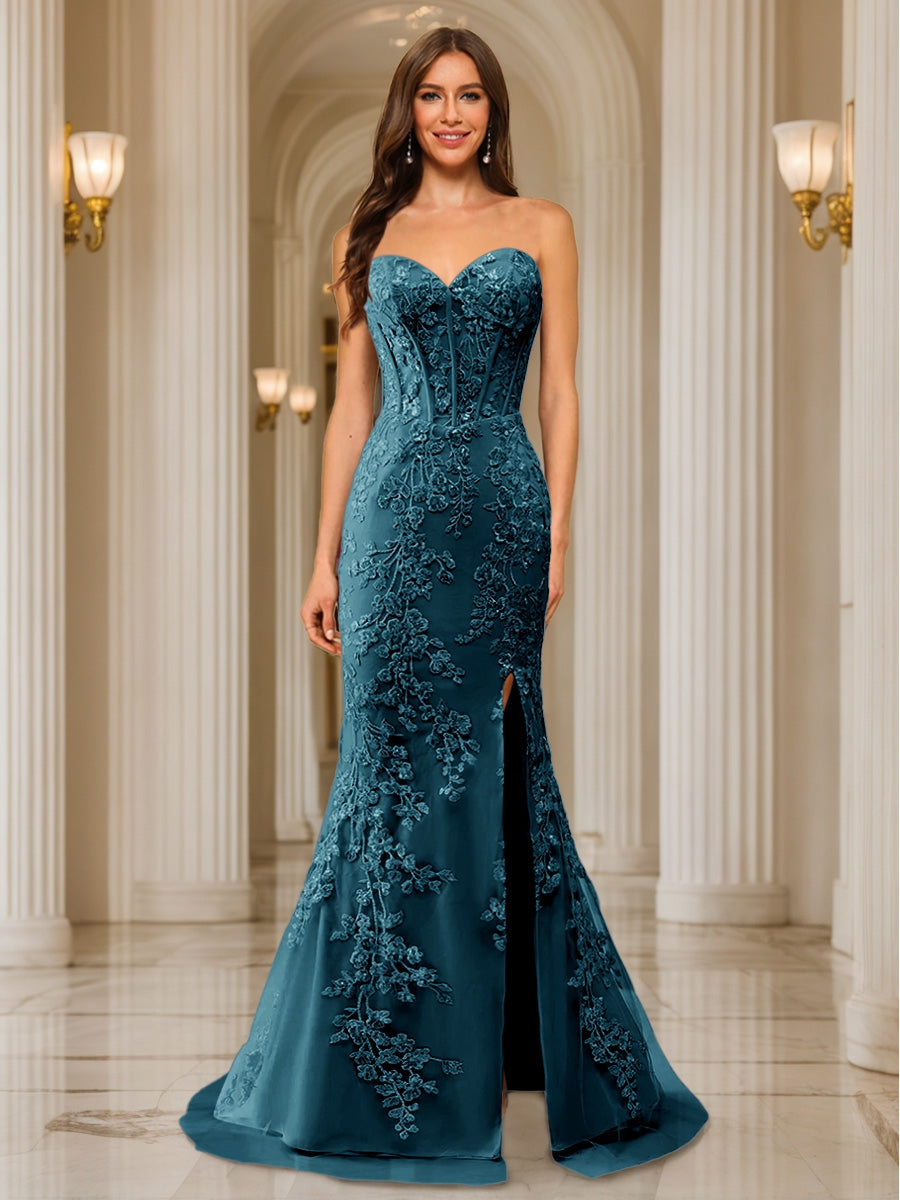 Trumpet/Mermaid Sweetheart Pleated Tulle Long Evening Dresses with Side Slit & Appliques
