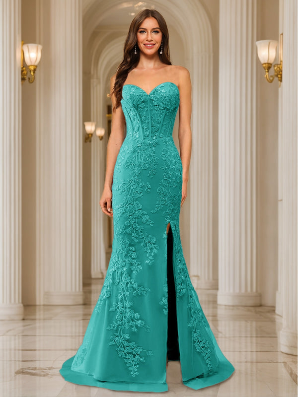 Trumpet/Mermaid Sweetheart Pleated Tulle Long Evening Dresses with Side Slit & Appliques