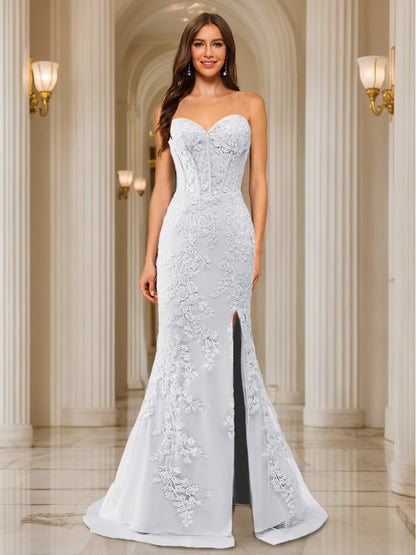 Trumpet/Mermaid Sweetheart Pleated Tulle Long Evening Dresses with Side Slit & Appliques