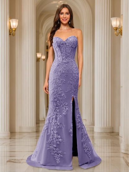 Trumpet/Mermaid Sweetheart Pleated Tulle Long Evening Dresses with Side Slit & Appliques